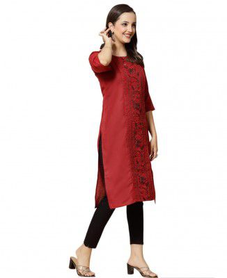 VINHCHIC Women's A-Line Cotton Embroidery Green Kurti|BottleGreen