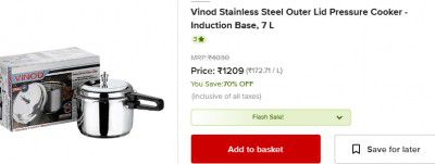 Vinod Stainless Steel Outer Lid Pressure Cooker - Induction Base, 7 L
