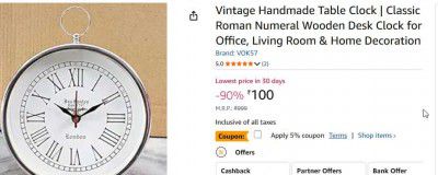 Vintage Handmade Table Clock | Classic Roman Numeral Wooden Desk Clock