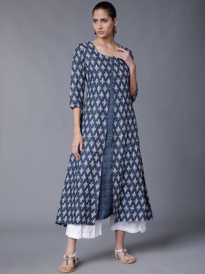 Vishudh Women Navy Blue & White Printed A-Line Kurta