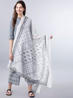 Vishudh Women Grey & White Ethnic Printed Pure Cotton Dupatta