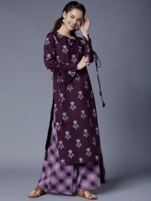 Vishudh Women Purple & Grey Printed Kurta with Checked Palazzos