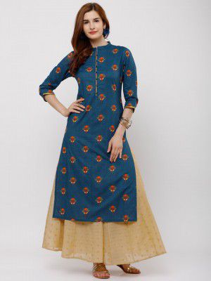 Vishudh Women Teal Printed Straight Kurta