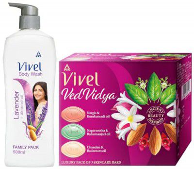 Vivel Body Wash, Lavender & Almond Oil Shower Creme, 500 ml Pump & Vivel VedVidya Luxury Pack of 3 Skincare Soaps for all Skin types, 100g Pack of 3