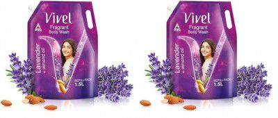 Vivel Fragrant Body Wash, Lavender & Almond Oil Shower Gel, 1500ml Supersaver XL Refill Pouch (Pack of 2)