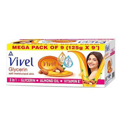 Vivel Glycerin Bathing Bar Soap for Soft Moisturized Skin with Pure Almond Oil & Vitamin E, 1125g (125g - Pack of 9), Soap