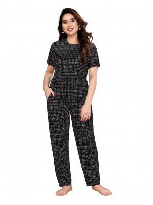 VJ Fashion Women'S Cotton Lycra Printed & Knitted Round Neck Night Wear Set Of Top And Pazama