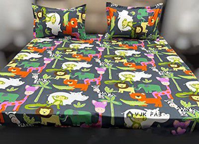 VJK FAB Queen Size Kids Bedsheet Cartoon Forest Design Bedsheet for Double Kids Room, 90x100 Inches Size with 2 XL Size Pillow Covers, Dark Grey Color