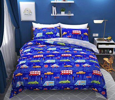 VJK FAB Queen Size Kids Bedsheet Car/Truck Cartoon Design Bedsheet for Double Kids Room, 90x100 Inches Size with 2 XL Size Pillow Covers, Sky Blue Color