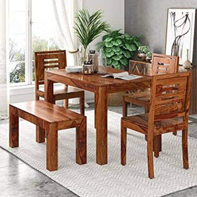 VK Furniture Solid Sheesham Wood 4 Seater Dining Table Set with 3 Chairs and 1 Bench for Living Room Home | Wooden Furniture Dining Table Set | Four Seater Dining Table Room Set | Brown
