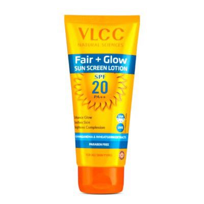 VLCC Fair + Glow Sun Screen Lotion Spf 20 PA++ - 50ml | Brightening Formula Sunscreen | Zero White Cast SPF | Non-Greasy Sunscreen | With Ashwagandha, Carrot & Wheatgerm Extracts.