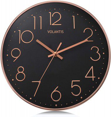 VOLANTIS 12 Inch Modern Plastic Stylish Non Ticking Silent Analog Wall Clock (Black & Rose Gold)