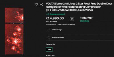 VOLTAS beko 248 Litres 2 Star Frost Free Double Door Refrigerator (RFF285D/W0CWR0I000, Celin Wine)
