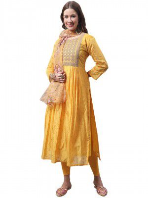 VredeVogel Women's Chanderi Modal Butti Straight Kurta With Stretchable Leggings & Organza Dupatta Set