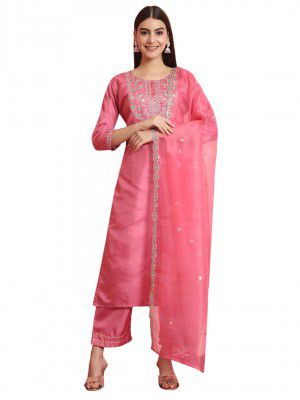 VredeVogel Women's Silk Blend Embroidered Kurta with Pant & Dupatta Set
