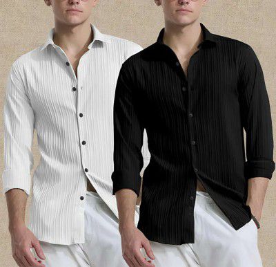 VRLOOKS Men Self Design Casual White, Black Shirt