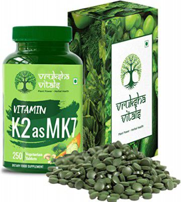 Vruksha Vitals Vitamin K2 as MK7 55mcg per Tablet - 250 Tablets - Plant Based Vegan Vitamin K Capsules/Tablets Supplement