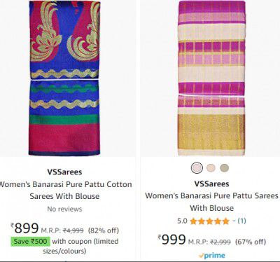  VSSarees Women's Banaras Saree upto 80% off + Apply Rs 500 Coupon