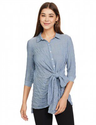 W for Woman Cotton Stripes Regular Fit Shirt with Front Knot for Women