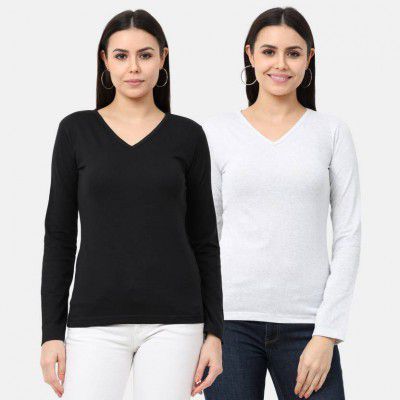 Wafaa  Pack of 2 Women Solid V Neck Pure Cotton Black, White T-Shirt