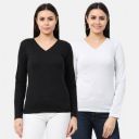 Wafaa  Pack of 2 Women Solid V Neck Pure Cotton Black, White T-Shirt...