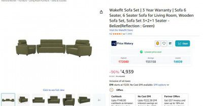 Wakefit Sofa Set | 3 Year Warranty | Sofa 6 Seater, 6 Seater Sofa for Living Room, Wooden Sofa Set, Sofa Set 3+2+1 Seater - Belize(Reflection : Green)
