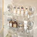 Wall Mounted Bathroom Storage Rack with Suction Cups – Double Shelf with Hooks – Transparent & Patterned Front Design (2)...