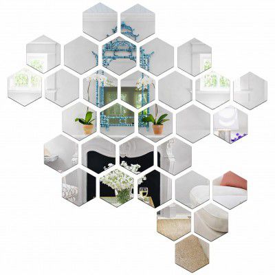 Wall1ders 31-Piece Hexagon with 10 Butterfly Silver Mirror Wall Stickers Self-Adhesive Acrylic Geometric Wall 