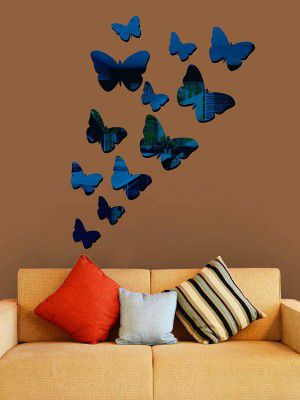 Wall1ders - Acrylic 12 Butterflies 3 Size Blue Acrylic 3D Mirror Decoration Wall Stickers for Hall Room Home & Offices Living Room Hall Bed Room