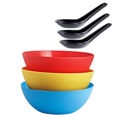 Warivo Plastic Solid Mixing Bowl - 3 Pieces Multicolor + Soup Spoons (3 Spoon, Multicolor)