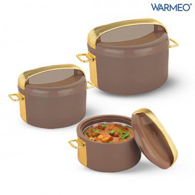 WARMEO Majestic Inner Stainless Steel Casserole Set of 3 (800ml, 1200ml, 2100ml), Brown