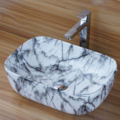 Wash Basin Table/Counter Top for Bathroom, Living & Dinning Room. Glossy Ceramic Marble Designer Vessel Sink Which Gives Premium Look to your Home and Office. (18 X 13 X 5.5 Inches) (GLOSSY_CUBE_20)
