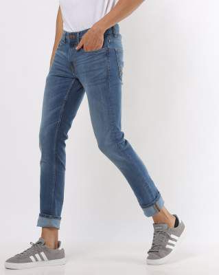 Washed Slim Fit Tapered Jeans with Whiskers