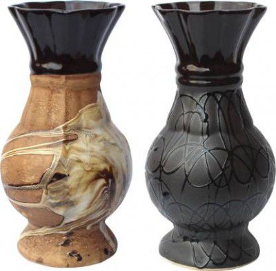 Wauood Round Ceramic Flower Vase Combo Flower Pot Handmade Ceramic Vase for Home Décor (8 inches, Black)