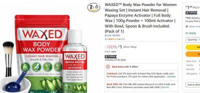 WAXED Body Wax Powder for Women Waxing Set | Instant Hair Removal | Papaya Enzyme Activator | 100g Powder + 100ml Activator | With Bowl, Spoon & Brush Included.(Pack of 1)
