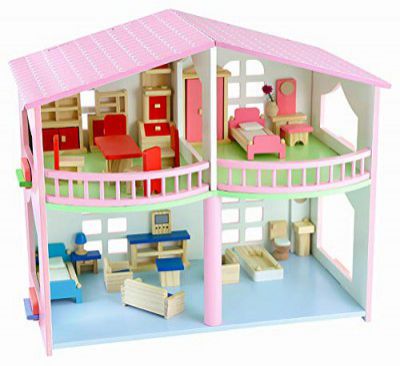 Webby Pretend Play Wooden Doll House with Mini Figures for Girls