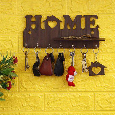 Webelkart Designer Home Keys Wooden Key Holder with 7 Hooks Free Keychain (29 cm x 13.5 cm x 0.4 cm, Brown)