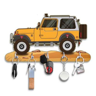 Webelkart Premium HD UV Printed Mahindra Thar Car Shape designer Wooden Key Holder (11 X 6 Inch, Wood, Yellow)