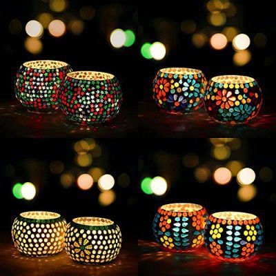 WebelKart Set of 2 Mosaic Glass Tealight Votive Candle Holder with Tea Light Candles for Living Room Home Décor Indoor Outdoor- Christmas Decorations Items (Multicolor, Glass) (Pack of 2)
