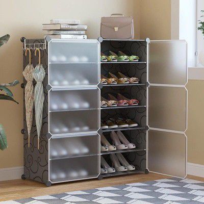 WeCool SR-B12 Upgraded Shoe Rack for Home Plastic, Portable Shoe Rack with Dustproof Door, 12-layer Shoe Storage Cabinet - Black