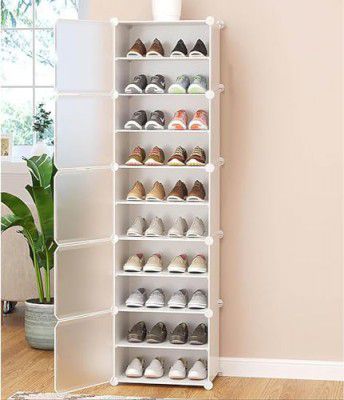 WeCool Upgraded Shoe Rack for Home Plastic, Portable Shoe Rack with Dustproof Door for Heels/Slippers/Boots, 10-layer Shoe Storage Cabinet with Hooks for Entryway or Bedroom - White