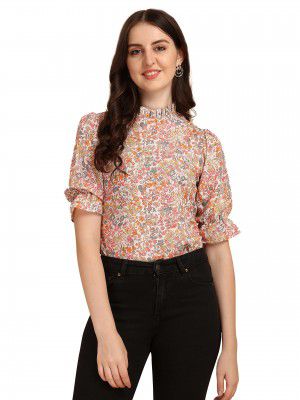 Wedani Womens Casual Puff Sleeves Ruffled Collor Foral Top