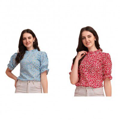 Wedani Women's Casual Puff Sleeves Ruffled Collor Foral Top (Large, Black) (Pack of 2)