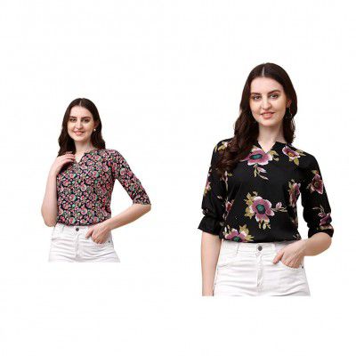 Wedani Women's Casual Puff Sleeves V Neck Foral Top (Pack of 2)