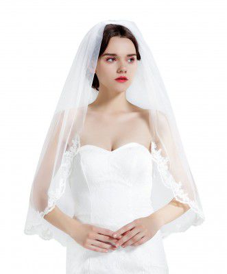 Wedding Bridal Veil with Comb 1 Tier Lace Applique Edge Fingertip Length 36" Ivory