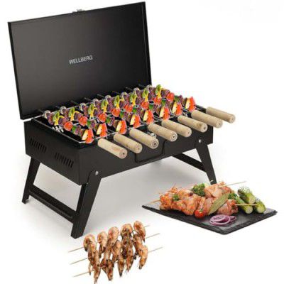 Wellberg Briefcase Charcoal Barbecue Grill with skewers And Grill Multifunctional, | BLACK