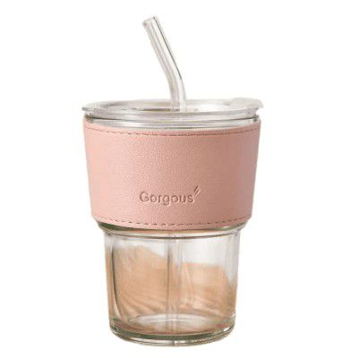 Welour Coffee with Lid & Leather Cover Glass Coffee Mug (450 ml) (Pink)
