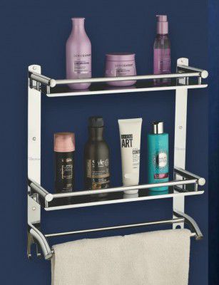 Welson Stainless Steel Double Layer Shelf with Towel Road/Bathroom Organizer Shelf Bathroom Wall Shelf/Bathroom Shelf/Bathroom Accessories and Fittings
