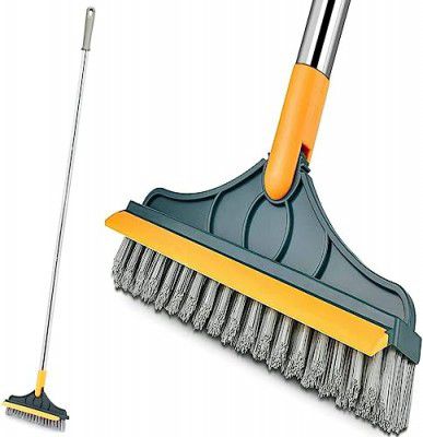 West Nation Bathroom Cleaning Brush - 2 in 1 Scrub with Soft Wiper Scraper for Floor, Home Accessories Tools, Power Scrubber, Long Handle Stiff Bristle Tiles Cleaner Brushes