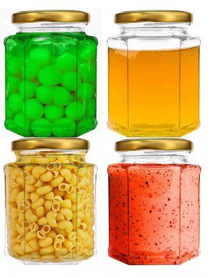 WEZOSHINET Matka Shape kitchen storage jars and containers with Airtight Metal Lid for Spice Jam Honey & Decoration Craft Work (Hexagon Glass Jar, 250ml 4pcs)